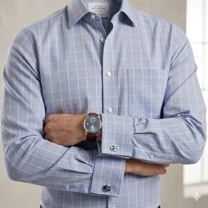 Charles Tyrwhitt Classic Fit Non-Iron Blue Yellow Windowpane‎ 16/34 Shirt EUC